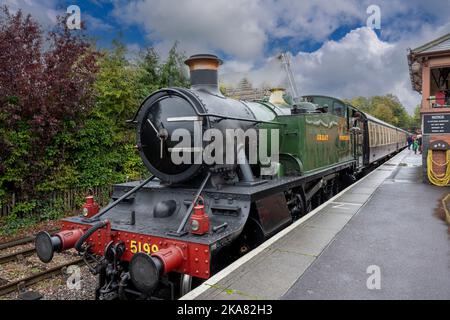 British Rail classe 5101 GWR Grande locomotive à vapeur Prairie 5199 à la gare de Bishops Lydeard, sur le West Somerset Railway, Somerset, Royaume-Uni Banque D'Images