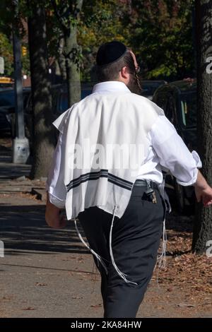 Un jour d'automne doux, un juif orthodoxe anonyme portant le tzitzit, également appelé tallit katan. À Brooklyn, New York. Banque D'Images