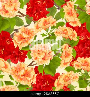 Texture sans couture branche rouge et jaune branches hibiscus fleurs tropicales vecteur vintage illustration botanique modifiable dessin à la main Illustration de Vecteur
