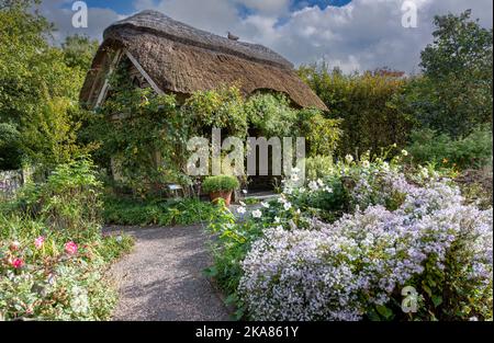 Summerhouse de chaume au Cottage Garden, RHS Garden Rosemoor, Torrington, Devon, Angleterre, ROYAUME-UNI Banque D'Images
