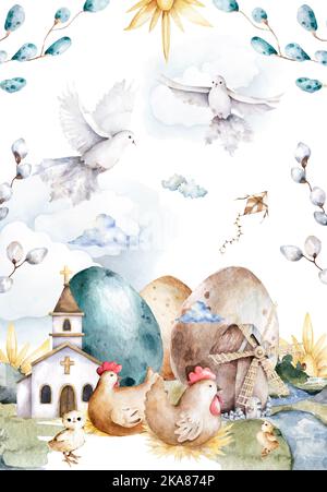 Église, paysage rural aquarelle illustration. Nature, forêt et animaux sauvages. Jour ensoleillé changeant de nuit. Foi, clipart de divinité sur blanc Banque D'Images