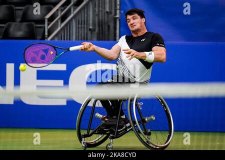 OSS, PAYS-BAS - NOVEMBRE 1 : Gustavo Fernandez d'Argentine joue un rôle de prémain dans son match contre Joachim Gerard de Belgique au cours du jour 3 des 2022 maîtres de tennis en fauteuil roulant de l'ITF au Sportcentrum de Rusheuvel sur 1 novembre 2022 à OSS, pays-Bas (photo de René Nijhuis/Orange Pictures) Banque D'Images