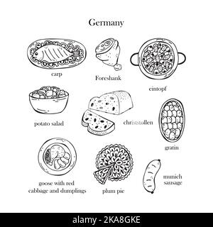 Ensemble vectoriel d'illustrations de plats de Noël allemands. Nouvelle année. Cuisine allemande traditionnelle. Illustration de Vecteur