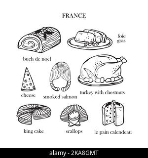 Ensemble de illustrations vectorielles de plats de Noël français. Nouvelle année. Cuisine traditionnelle de France. Illustration de Vecteur