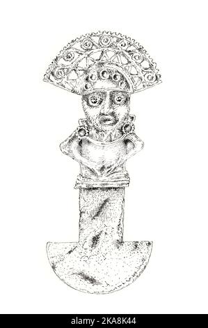 Tumi (couteau de cérémonie de culture inca). Encre sur papier. Banque D'Images
