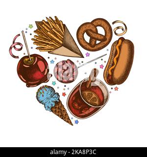 Carnival Food coeur design vintage. Frites dessinées à la main, bretzel, hot dog, vin chaud, pomme caramel, cornets de crème glacée, sucettes, rubans. Illustration de Vecteur