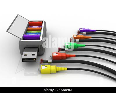 3D restitution des documents du bureau Reliure dans le câble auxiliaire connecté au lecteur de plumes Banque D'Images