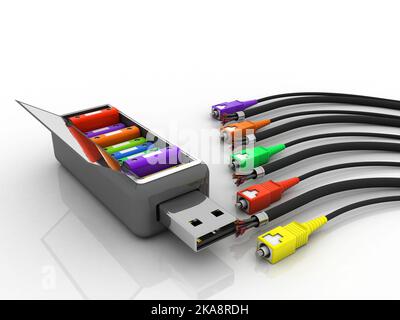 3D restitution des documents du bureau Reliure dans le câble auxiliaire connecté au lecteur de plumes Banque D'Images