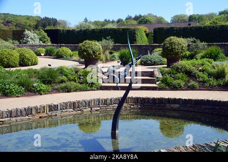 The Diving 'Water Girl' Bronze Sculpture in the Pond in the Cool Garden at RHS Garden Rosemoor, Torrington, North Devon, Angleterre, Royaume-Uni Banque D'Images