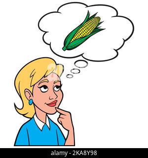 Fille pensant à Corn on the CoB - Une illustration de dessin animé d'une fille pensant à une oreille de Corn on the CoB. Illustration de Vecteur