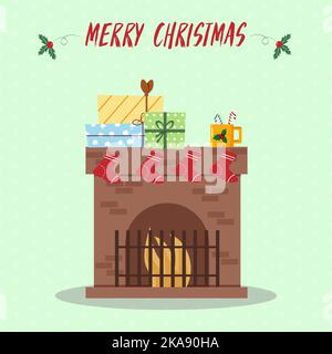 Ambiance de Noël. Attributs pour se préparer à la saison des fêtes d'hiver. Cheminée avec cadeaux et décorations de Noël. Illustration vectorielle. Illustration de Vecteur