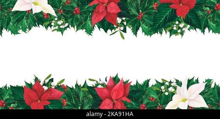 Cadre sans couture avec feuilles de houx de Noël baies, poinsettia, GUI isolé sur fond blanc. Aquarelle des bordures dessinées à la main. Illustration FO Banque D'Images