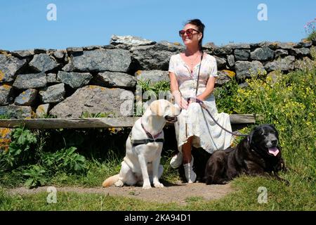 Une femme attirante se reposant avec son animal labradors sur le sentier de la côte ouest de Sour à Lizard point, Cornwall, Royaume-Uni - John Gollop Banque D'Images