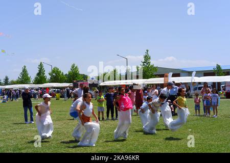 Les gens qui s'amusent à la course de gunnysack sur l'herbe en une journée ensoleillée. Rire, sourire et sauter des gens Banque D'Images