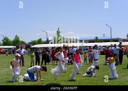 Les gens qui s'amusent à la course de gunnysack sur l'herbe en une journée ensoleillée. Rire, sourire et sauter des gens Banque D'Images