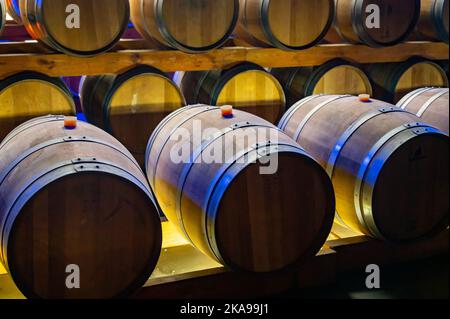 Marcher dans de longues grottes profondes avec des barils en bois, faire du champagne mousseux à partir de chardonnay et pinor noir raisins à Epernay, Champag Banque D'Images