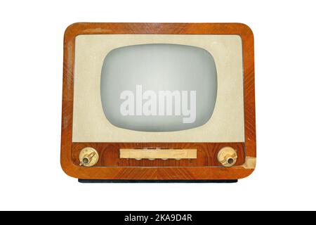 Ancien récepteur de télévision rétro CRT isolé sur fond blanc, technologie de télévision analogique vintage Banque D'Images