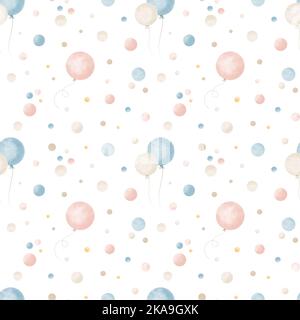 Motif avec bulles d'air et confettis dans de jolies couleurs bleu pastel et rose. Arrière-plan dessiné à la main sans couture pour les fêtes ou les anniversaires. Aquarelle i Banque D'Images