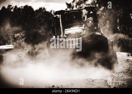 Vue arrière d'un buggy qui passe rapidement sur une route de campagne dans des nuages de poussière. Banque D'Images