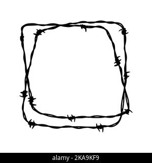 Cadre carré en fil barbelé. Illustration vectorielle dessinée à la main dans un style d'esquisse. Élément de conception pour les concepts militaires, de sécurité, de prison, d'esclavage Illustration de Vecteur