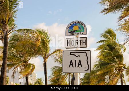 Un signe de la route pittoresque de Floride avec des palmiers Banque D'Images