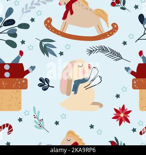 Motif hivernal sans couture avec joli lapin dans un foulard, cheval berçant dans le style vintage, la clause Santa, les baies et les fleurs brillantes. Motif hiver magique. Illustration vectorielle. Illustration de Vecteur