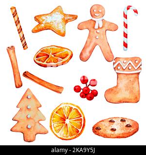 Ensemble joyeux Noël et nouvel an avec biscuits et bonbons. Éléments aquarelle pour l'ambiance de Noël. Banque D'Images