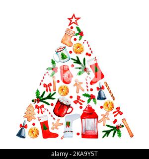 Un arbre de Noël fantastique. Carte de Noël et du nouvel an aquarelle. Éléments isolés sur un fond blanc. Banque D'Images