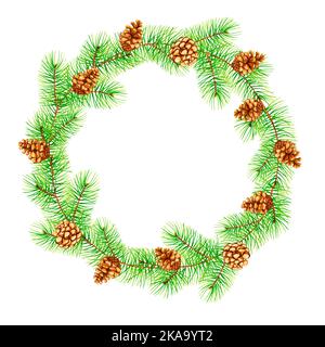 Couronne de Noël de branches et de cônes de pin. Illustration aquarelle dessinée à la main. Idéal pour les invitations, les cartes de vœux, les articles de papeterie, les affiches, les emballages Banque D'Images