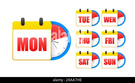 Boutons Web du calendrier - jours de la semaine. Les badges des jours de la semaine. Ensemble de chaque jour d'une semaine Calendrier. Illustration de Vecteur