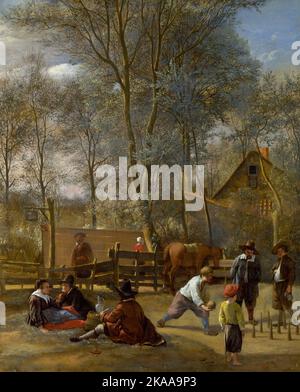 Skittles joueurs devant une auberge, 1660, peinture par Jan Steen Banque D'Images