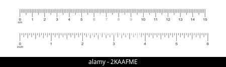 Échelle horizontale avec marquage et chiffres de 6 pouces et 15 centimètres. Tableau de mesure des unités métriques et impériales. Modèles d'outils de mesure de la distance, de la hauteur ou de la longueur. Illustration graphique vectorielle Illustration de Vecteur