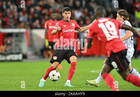 Leverkusen , Allemagne . 1 de novembre 2022, Exequiel Palacios (25) de Leverkusen photographié pendant un match de football entre Bayer Leverkusen et Club Brugge KV pendant les sixième et dernière allumettes du groupe B dans la Ligue des champions de l'UEFA pour la saison 2022-2023 , le mardi 1 novembre 2022 à Leverkusen , Allemagne . PHOTO DAVID CATRY | SPORTPIX Banque D'Images