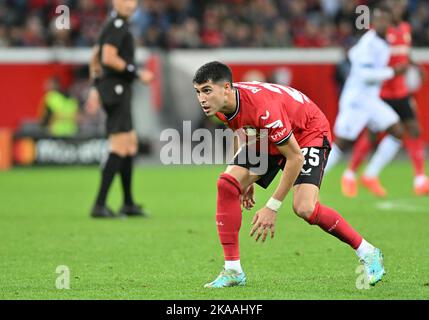 Leverkusen , Allemagne . 1 de novembre 2022, Exequiel Palacios (25) de Leverkusen photographié pendant un match de football entre Bayer Leverkusen et Club Brugge KV pendant les sixième et dernière allumettes du groupe B dans la Ligue des champions de l'UEFA pour la saison 2022-2023 , le mardi 1 novembre 2022 à Leverkusen , Allemagne . PHOTO DAVID CATRY | SPORTPIX Banque D'Images