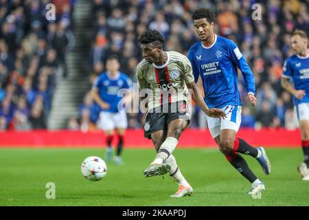 Glasgow, Royaume-Uni. 01st novembre 2022. Les Rangers ont joué à Ajax dans le groupe de la Ligue des champions de l'UEFA Un six jour de match au stade Ibrox, la maison des Rangers. La note finale a été Rangers 1, Ajax 3. Tavernier a marqué pour les Rangers d'une pénalité (87 minutes) et les buteurs pour Ajax étaient Berghuis (4 minutes), Kudus (29 minutes) et Fernandes da Conceigao (89 minutes). Les Rangers sont maintenant éliminés de la compétition. Crédit; crédit: Findlay/Alamy Live News Banque D'Images