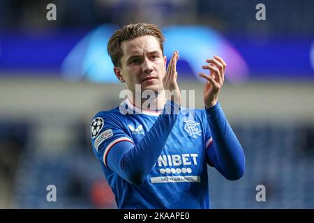 Glasgow, Royaume-Uni. 01st novembre 2022. Les Rangers ont joué à Ajax dans le groupe de la Ligue des champions de l'UEFA Un six jour de match au stade Ibrox, la maison des Rangers. La note finale a été Rangers 1, Ajax 3. Tavernier a marqué pour les Rangers d'une pénalité (87 minutes) et les buteurs pour Ajax étaient Berghuis (4 minutes), Kudus (29 minutes) et Fernandes da Conceigao (89 minutes). Les Rangers sont maintenant éliminés de la compétition. Crédit; crédit: Findlay/Alamy Live News Banque D'Images