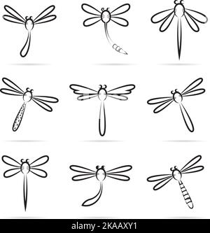 Ensemble d'icônes de libellules vectorielles sur fond blanc. Illustration vectorielle superposée facile à modifier. Animaux sauvages. Illustration de Vecteur