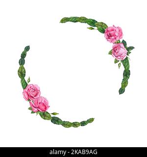 Couronne d'illustration florale à motif roses aquarelle. Fleurs roses dessinées à la main avec feuilles vertes sur fond blanc. Cadre pour cartes et invitations Banque D'Images