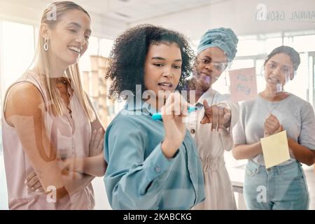 Femmes d'affaires, solution de planification et d'écriture de notes adhésives, idées et vision dans l'agence de marketing. Travail d'équipe créatif, innovation et stratégie de démarrage Banque D'Images