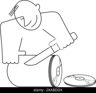 Sourire reproduit la musique sur des disques vinyles. Souriant homme coupe de la musique à vinyle disques concept illustration en style de ligne noir sur blanc Illustration de Vecteur