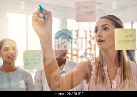 Planification de bureau, de femmes et d'équipe avec des notes de marketing de contenu travaillant sur un conseil de bureau. Stratégie commerciale, collaboration et travail d'équipe de diversité Banque D'Images