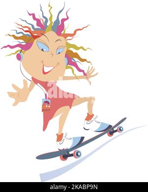 Fille de skateboard. Caricature adolescente souriante dans un casque, elle monte sur un skateboard et écoute la musique sur le lecteur de musique numérique portable Illustration de Vecteur