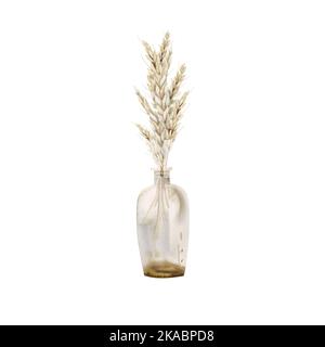 Oreilles de blé dans un vase en verre sur fond blanc, composition de automne dans des couleurs beige clair et chaudes Banque D'Images