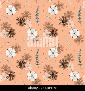 Motif sans couture avec fleurs en coton sur fond pêche pour fonds d'écran, arrière-plans de pages Web, textile. Style scandinave Banque D'Images