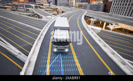 Camion de livraison autonome dans la rue en ville, rendu 3D Banque D'Images