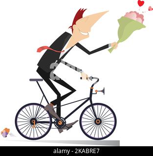 Un jeune homme romantique se promette sur l'illustration isolée du vélo. Homme souriant avec un bouquet de fleurs sur le vélo et semble heureux isolé sur blanc Illustration de Vecteur