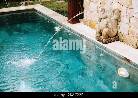 Sondage de natation à la villa à Bali avec fontaine qui a la forme de l'éléphant Banque D'Images