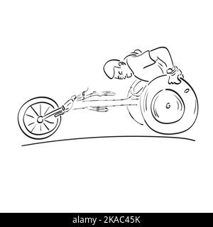 line art masculin handicapé athlète courant sur fauteuil roulant illustration vecteur dessiné à la main isolé sur fond blanc Illustration de Vecteur