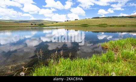 Été pittoresque lac avec miroir ciel bleu ciel réflexions sur les eaux douces dans les montagnes rurales un beau paysage. Banque D'Images