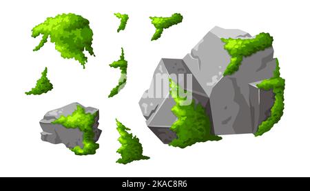 Définir la roche forestière avec de la mousse. Broken de pierre grise dans la bande dessinée. Éléments de jeu isolés . Partie montagneuse de forme naturelle. Illustration vectorielle en blanc Illustration de Vecteur